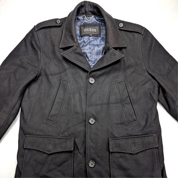 GUESS Wool Mens Peacoat Large Black Business Winter Coat - Picture 1 of 6